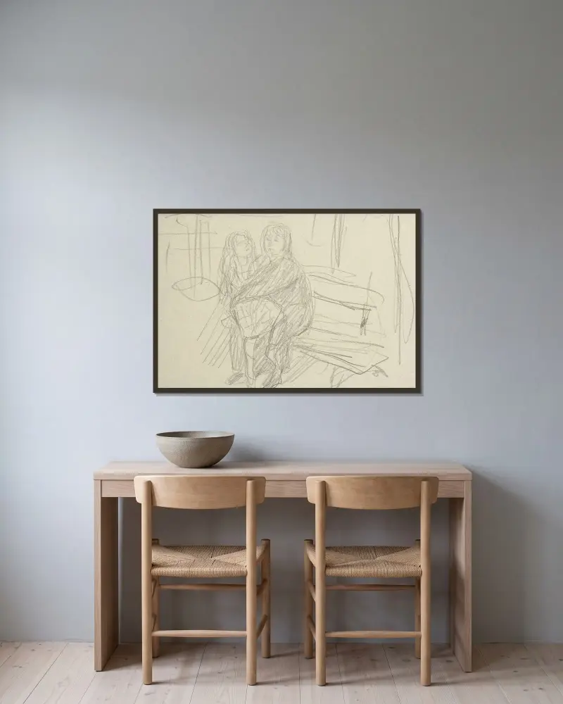 Kvinna och barn på en bänk av Pierre Bonnard inramad på en vägg