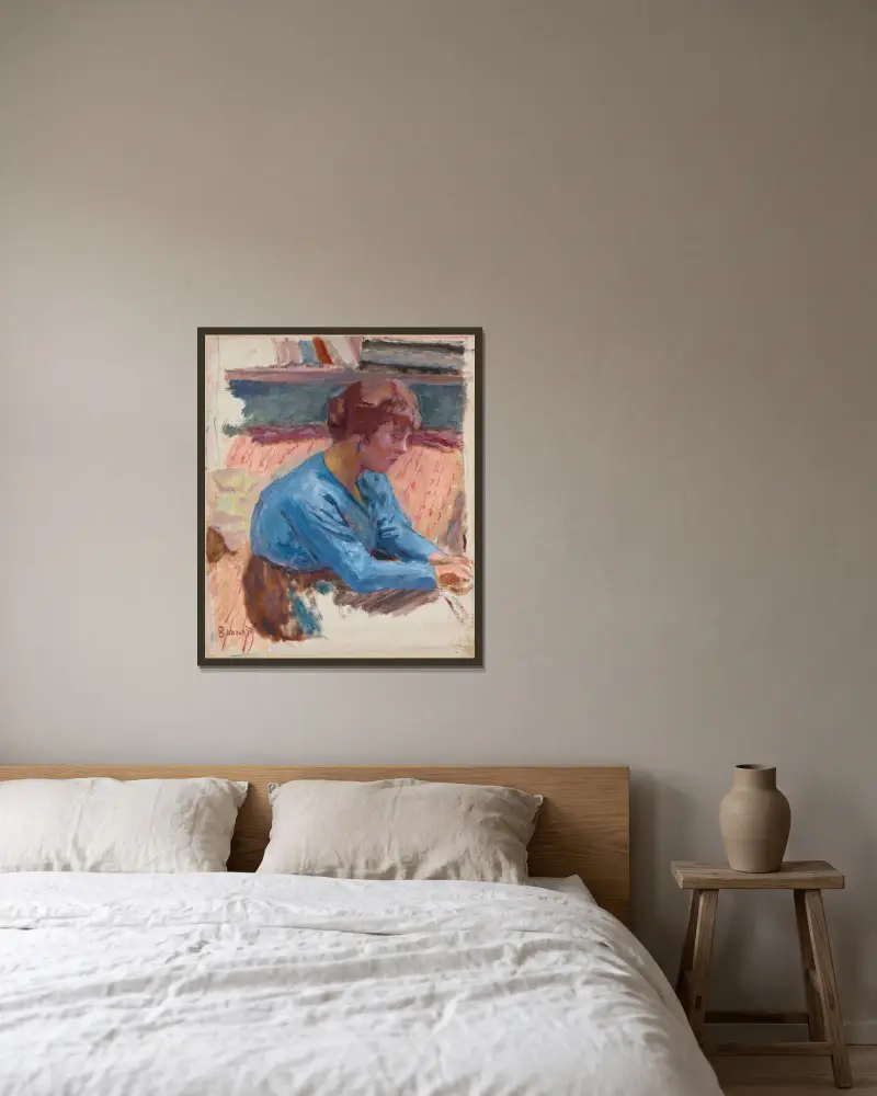 Tankfull kvinna med blått liv av Pierre Bonnard inramad på en vägg