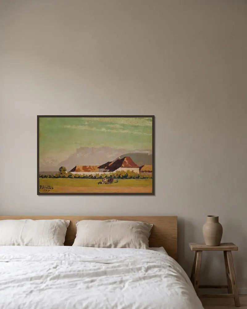 Gård i ett landskap i Dauphiné av Pierre Bonnard inramad på en vägg