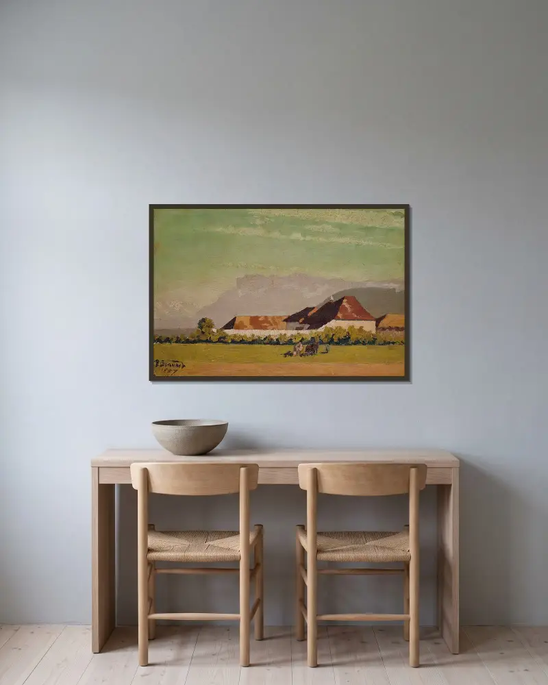 Gård i ett landskap i Dauphiné av Pierre Bonnard inramad på en vägg