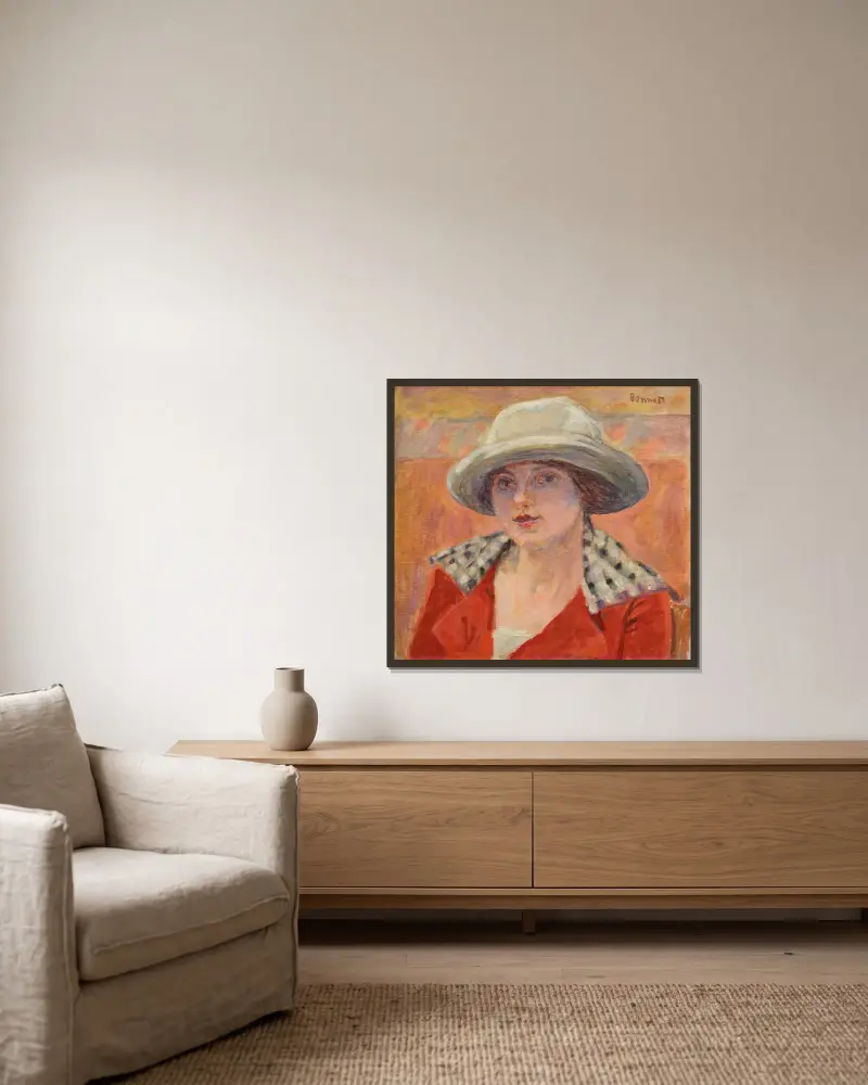 Ung kvinna med vit hatt eller Huvudstudie av Pierre Bonnard inramad på en vägg