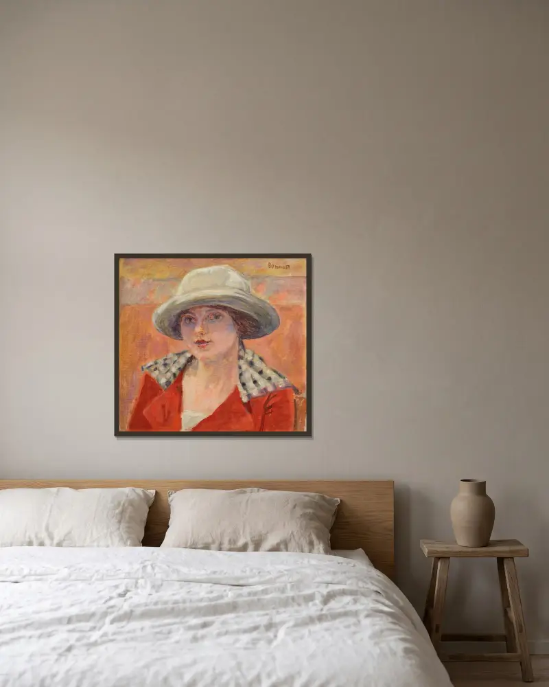 Ung kvinna med vit hatt eller Huvudstudie av Pierre Bonnard inramad på en vägg