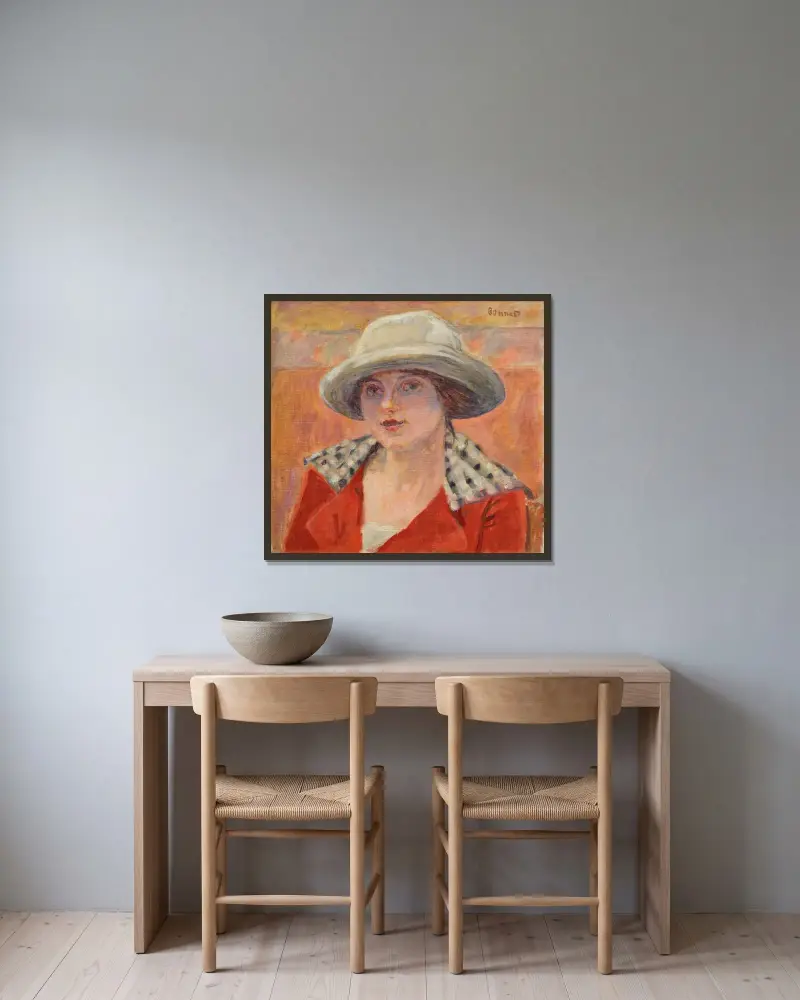 Ung kvinna med vit hatt eller Huvudstudie av Pierre Bonnard inramad på en vägg