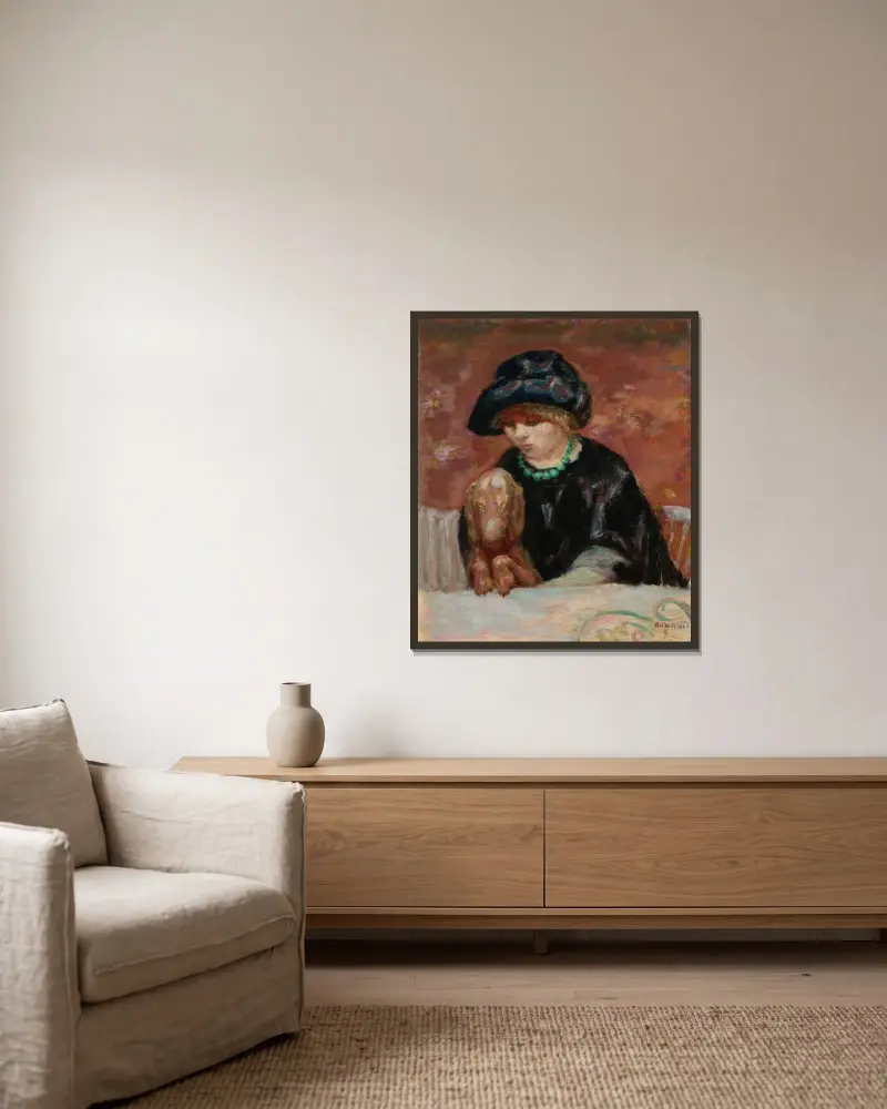 Kvinnan med basset eller Porträtt av Marthe Bonnard med basset av Pierre Bonnard inramad på en vägg
