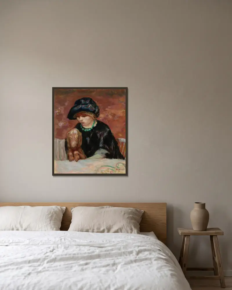 Kvinnan med basset eller Porträtt av Marthe Bonnard med basset av Pierre Bonnard inramad på en vägg