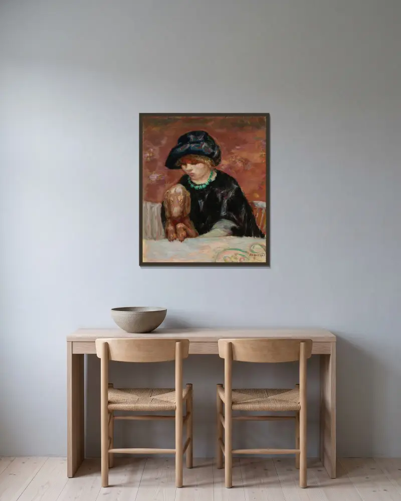 Kvinnan med basset eller Porträtt av Marthe Bonnard med basset av Pierre Bonnard inramad på en vägg