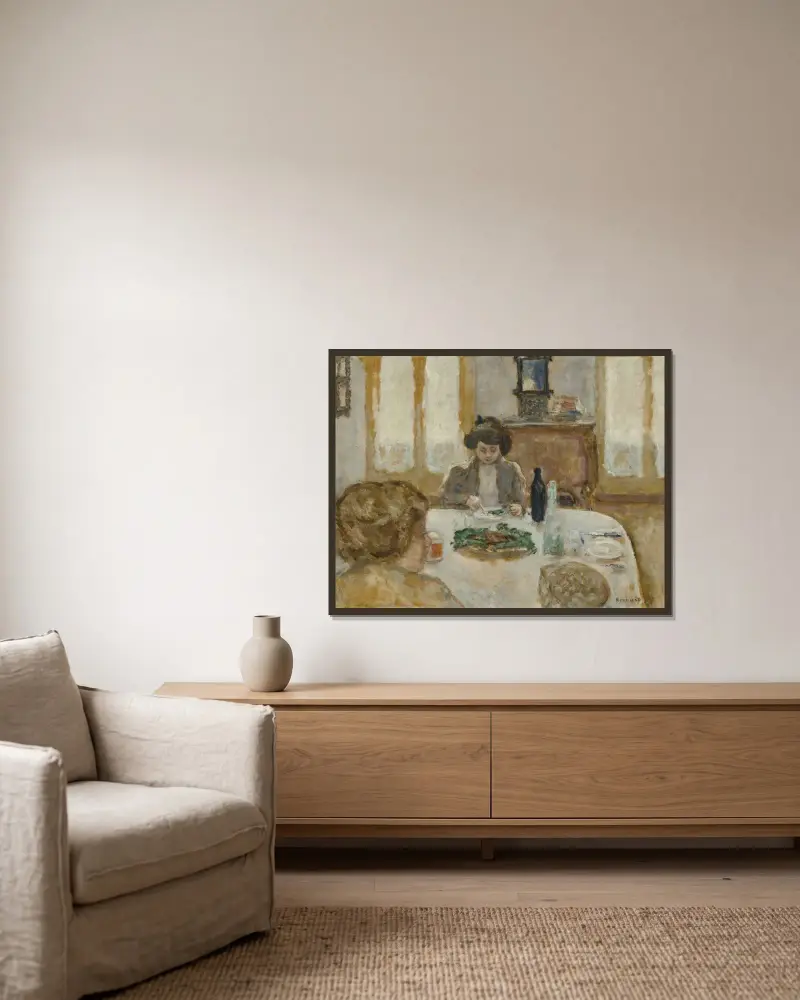 Frukosten. Symfoni i grått eller Den grå frukosten (fru Bonnard och fröken Jeanne Meillier) av Pierre Bonnard inramad på en vägg