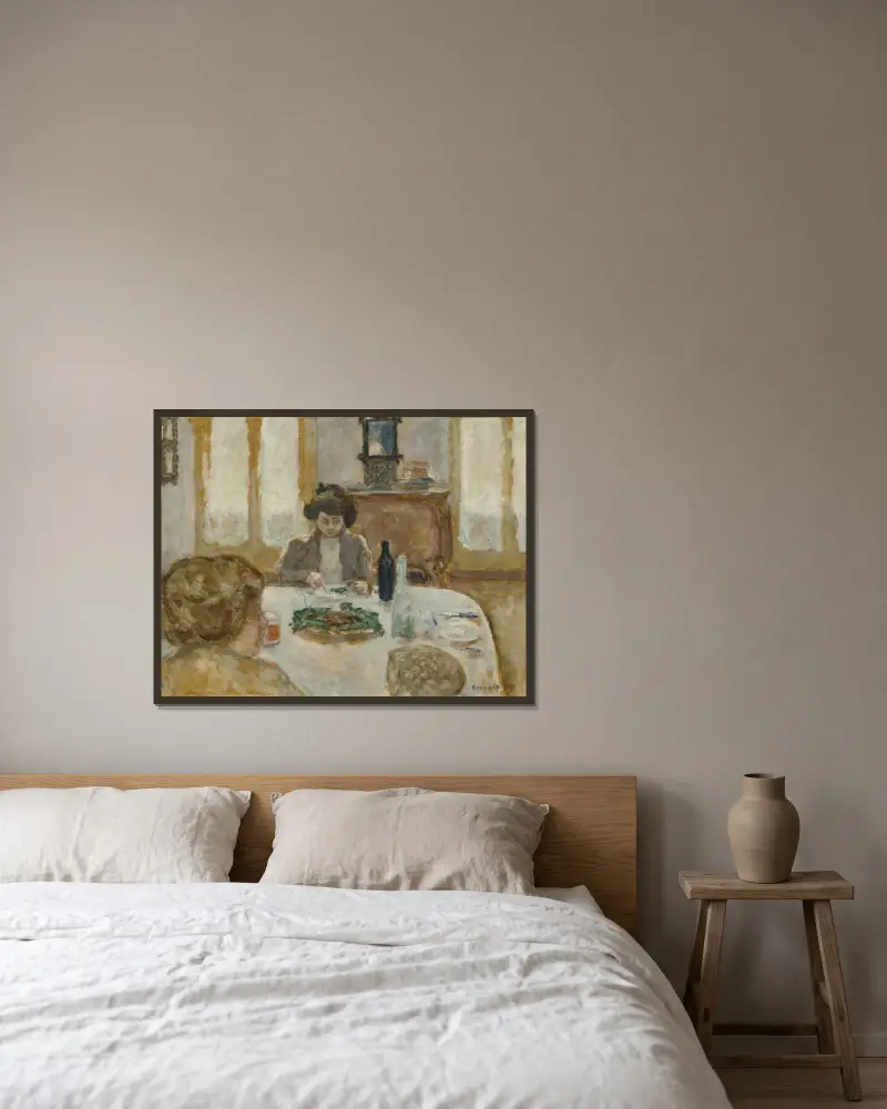 Frukosten. Symfoni i grått eller Den grå frukosten (fru Bonnard och fröken Jeanne Meillier) av Pierre Bonnard inramad på en vägg