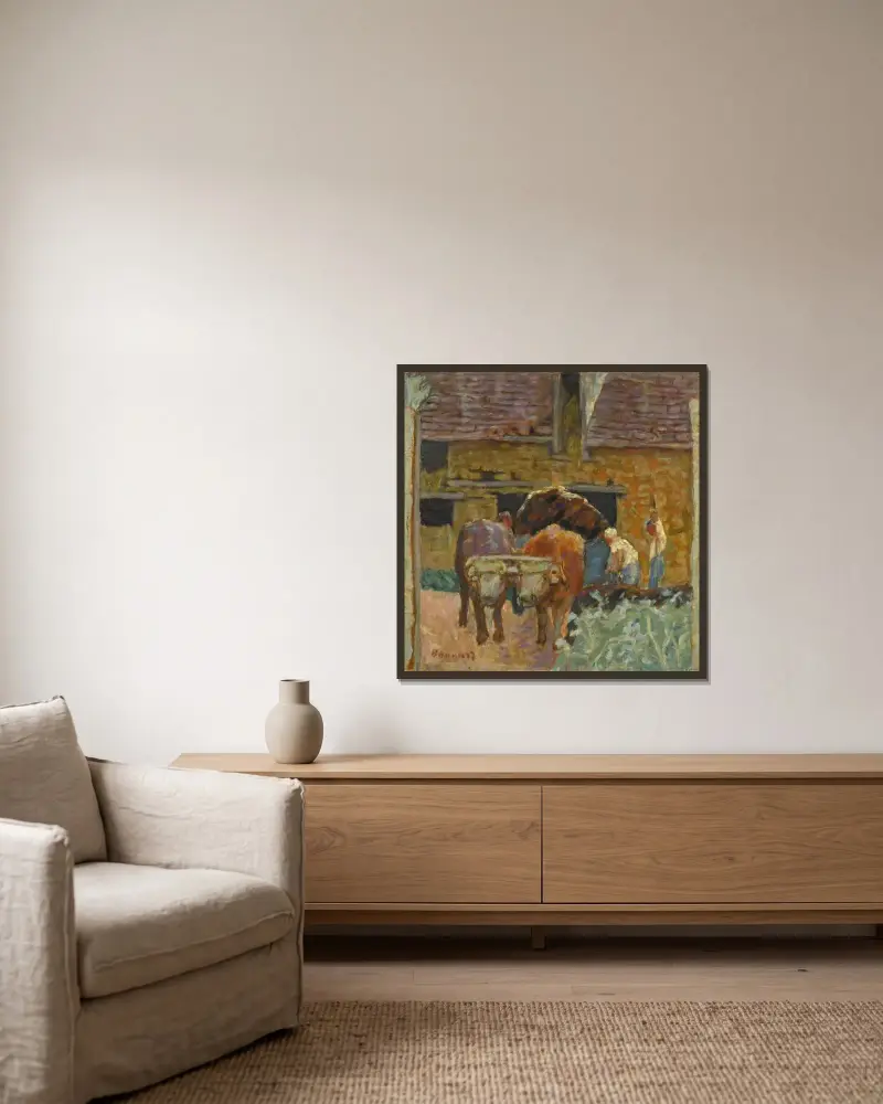 De två oxarna och gården av Pierre Bonnard inramad på en vägg