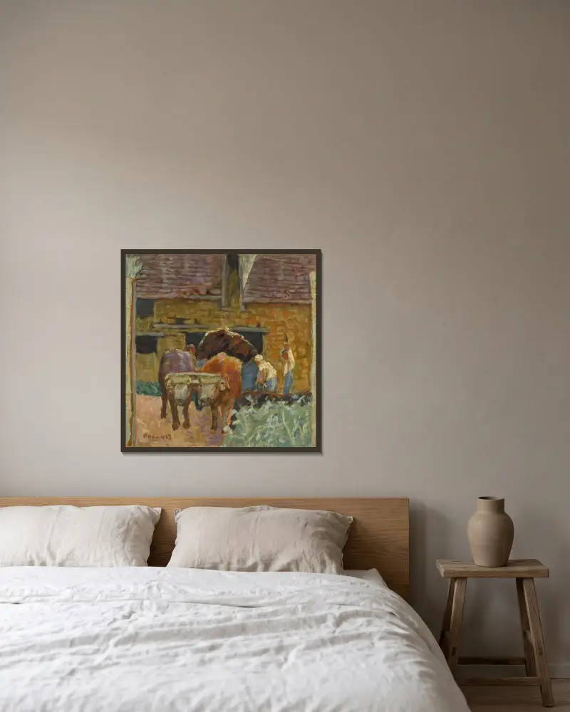 De två oxarna och gården av Pierre Bonnard inramad på en vägg