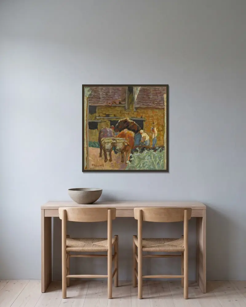 De två oxarna och gården av Pierre Bonnard inramad på en vägg