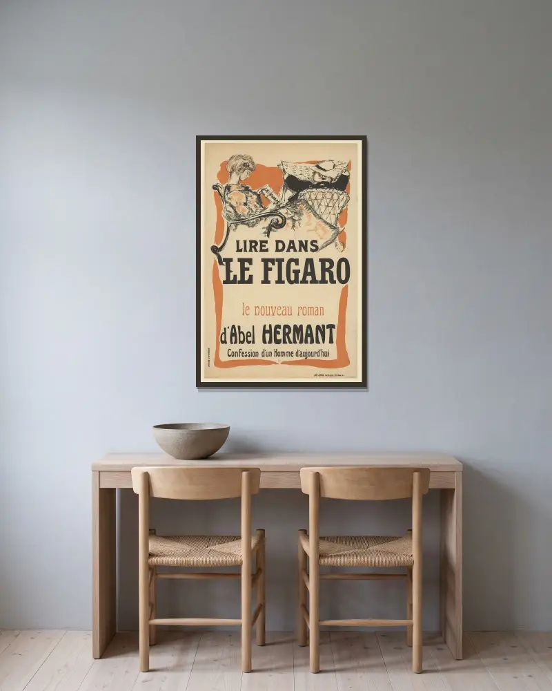 Läsning i Le Figaro: Abel Hermants nya roman Confession d’un Homme d’aujourd’hui av Pierre Bonnard inramad på en vägg