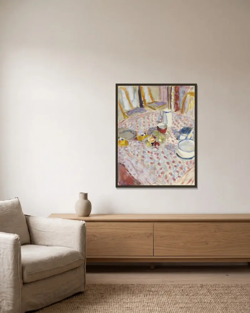 Stilleben på en röd rutig duk av Pierre Bonnard inramad på en vägg