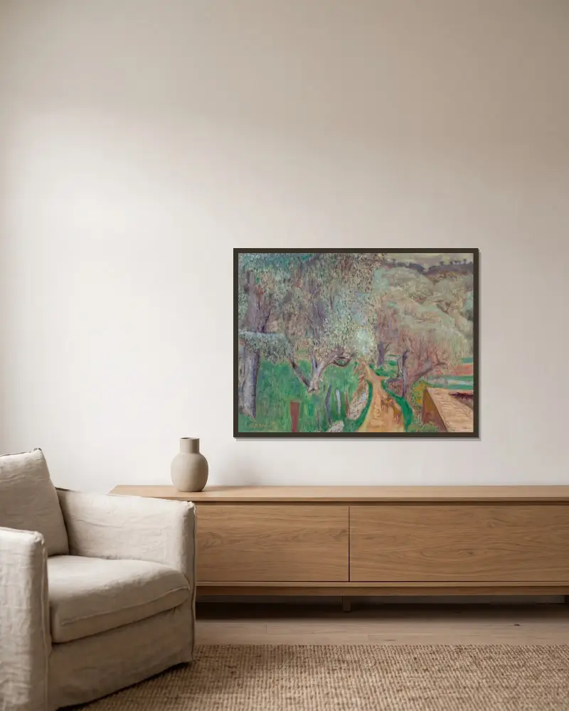 Ljust landskap eller olivträd vid Cagnes av Pierre Bonnard inramad på en vägg