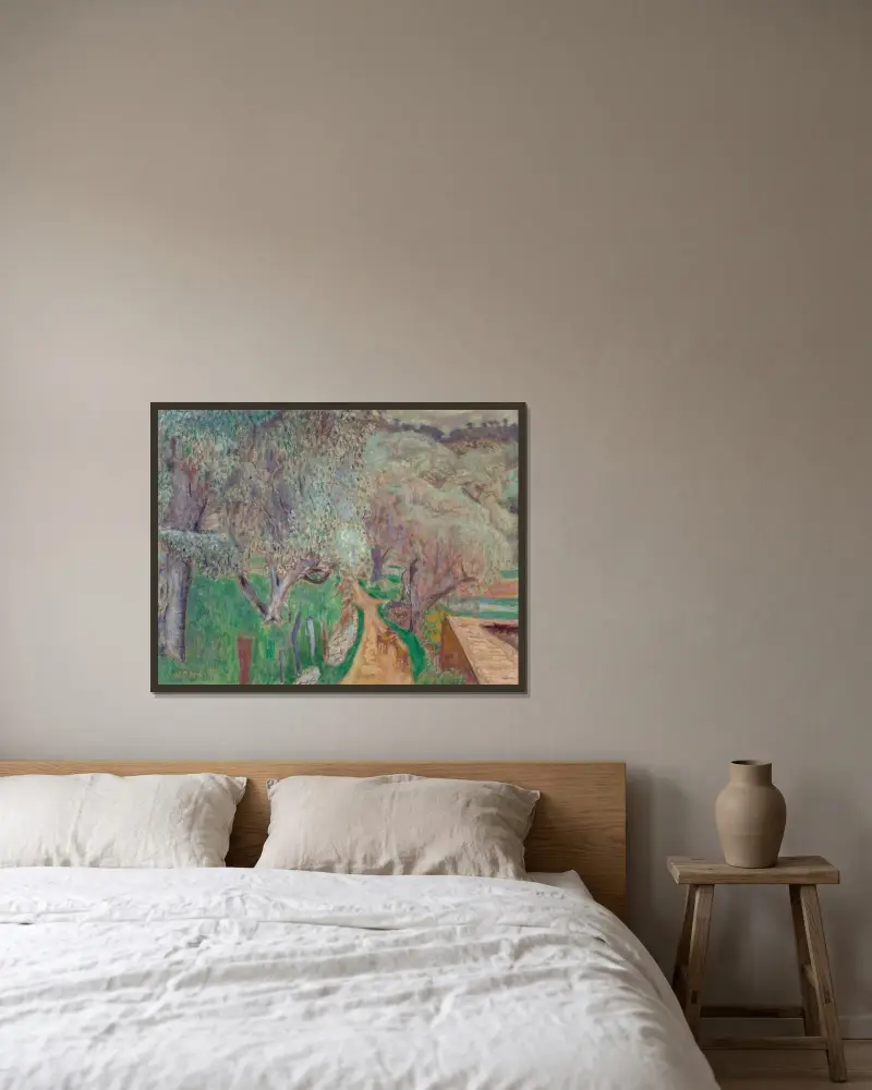 Ljust landskap eller olivträd vid Cagnes av Pierre Bonnard inramad på en vägg
