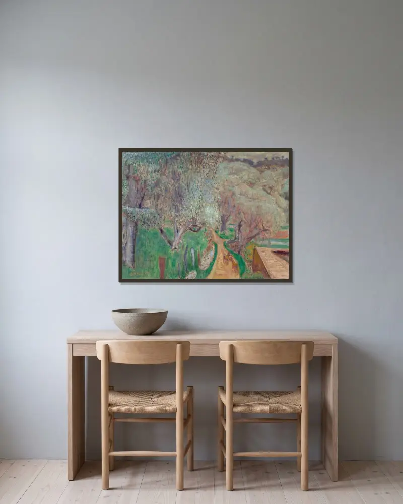 Ljust landskap eller olivträd vid Cagnes av Pierre Bonnard inramad på en vägg
