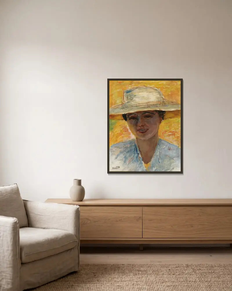 Porträtt av kvinna med stor hatt av Pierre Bonnard inramad på en vägg