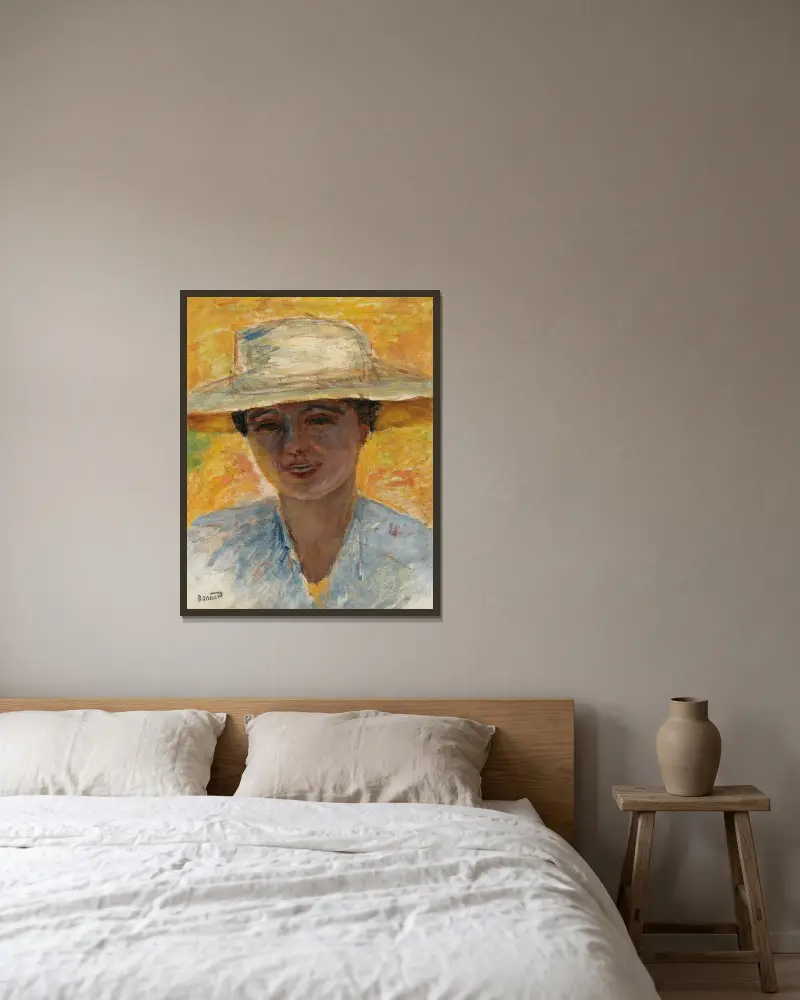 Porträtt av kvinna med stor hatt av Pierre Bonnard inramad på en vägg
