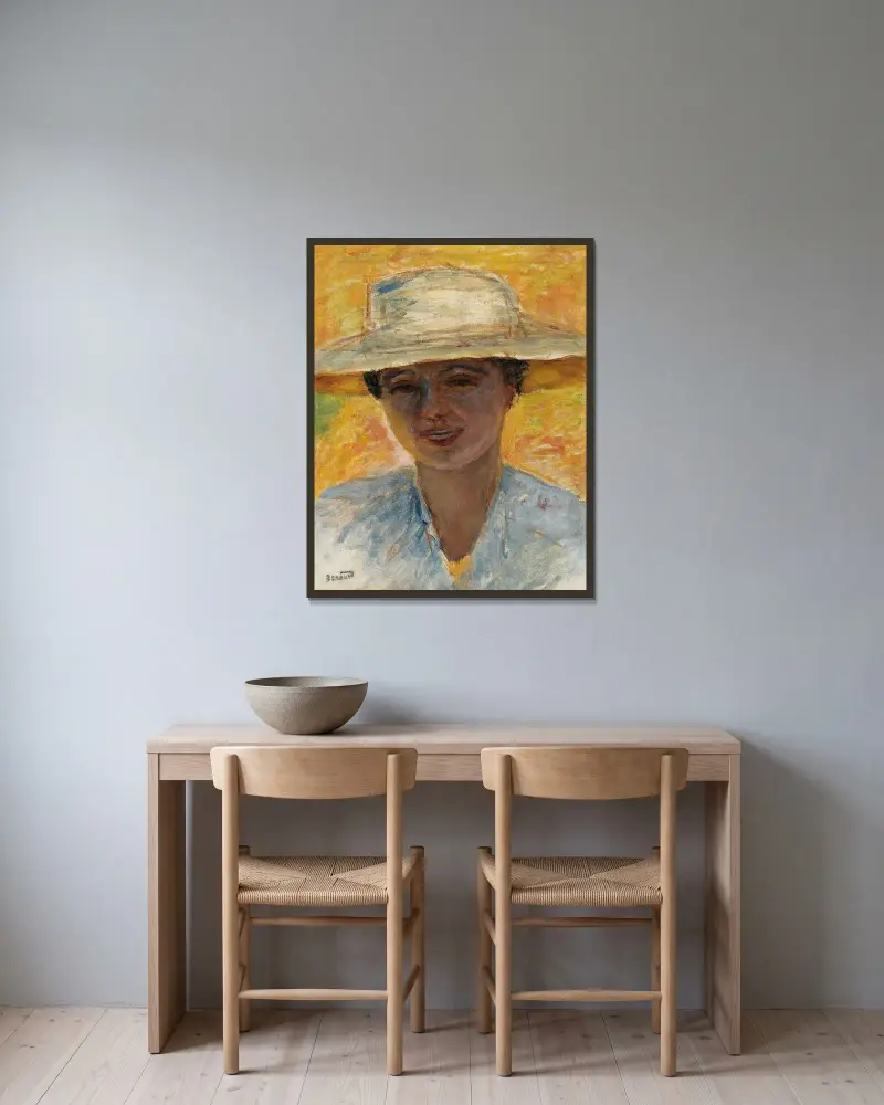 Porträtt av kvinna med stor hatt av Pierre Bonnard inramad på en vägg