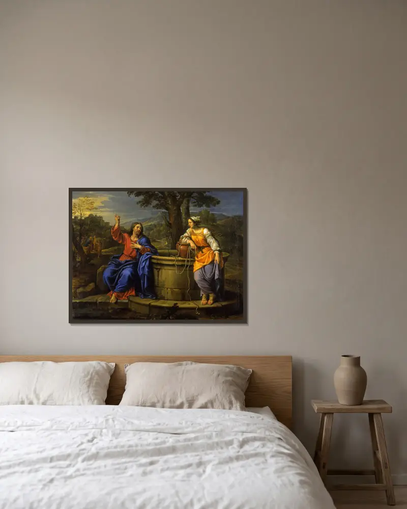Kristus och kvinnan från Samaria av Pierre Mignard inramad på en vägg