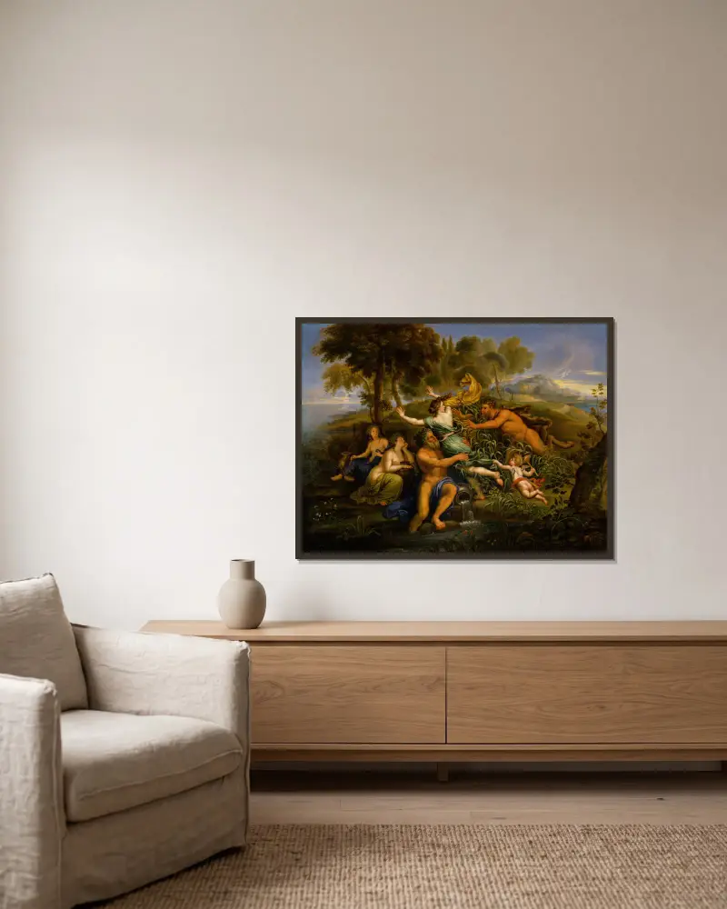 Pan und Syrinx von Pierre Mignard gerahmt an einer Wand