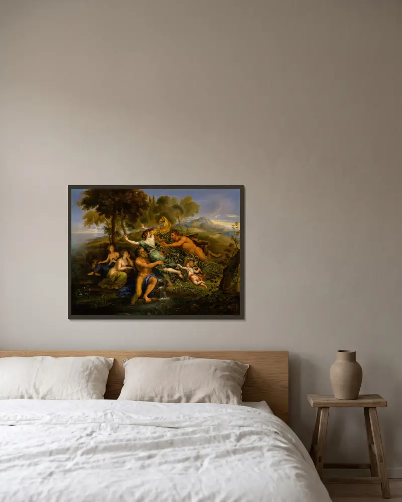 Pan und Syrinx von Pierre Mignard gerahmt an einer Wand