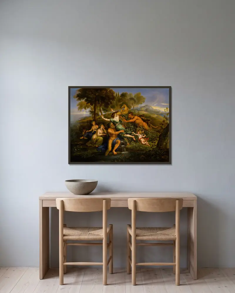Pan und Syrinx von Pierre Mignard gerahmt an einer Wand