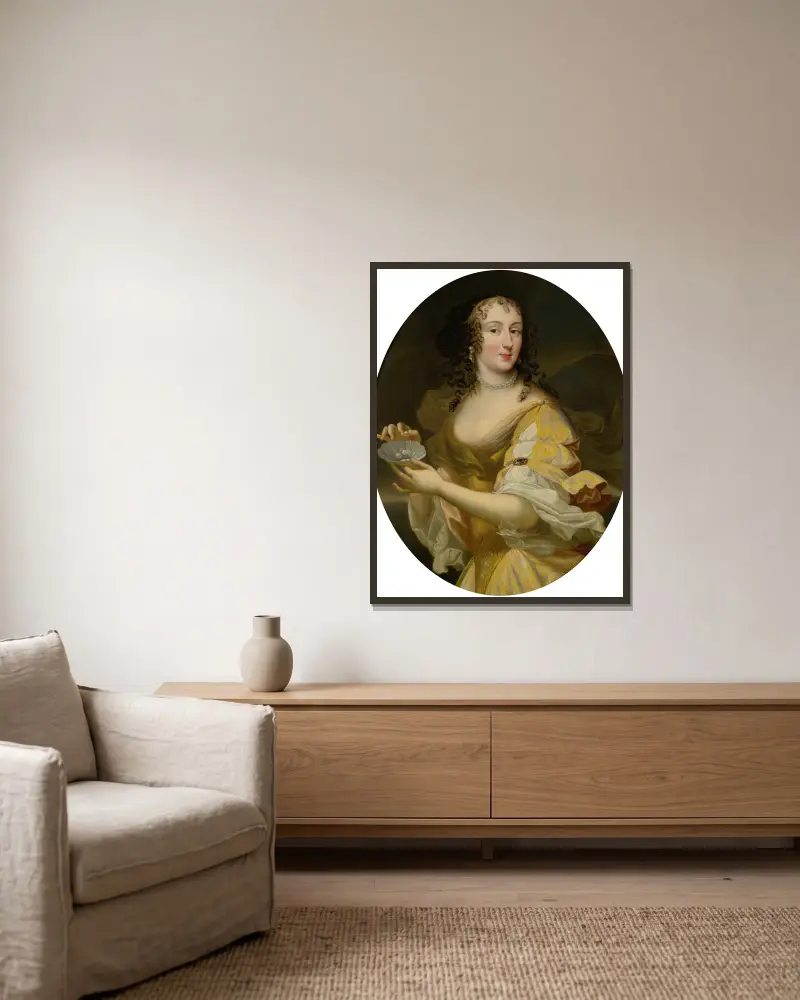 Porträtt av en dam i allegorisk gestalt, hållande ett fat med pärlor av Pierre Mignard inramad på en vägg