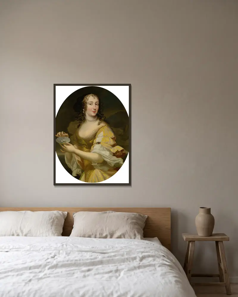 Porträtt av en dam i allegorisk gestalt, hållande ett fat med pärlor av Pierre Mignard inramad på en vägg