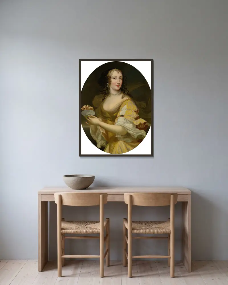 Porträtt av en dam i allegorisk gestalt, hållande ett fat med pärlor av Pierre Mignard inramad på en vägg