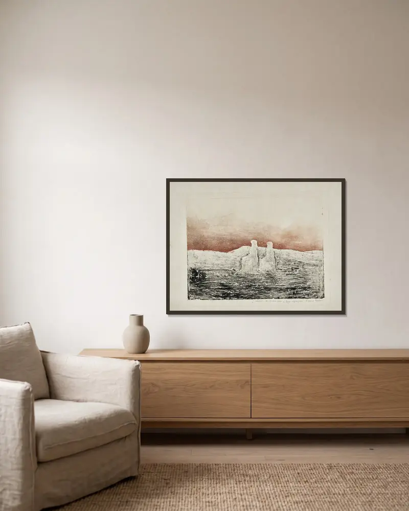 Die Memnonkolosse (Theben) von Pierre Roche gerahmt an einer Wand