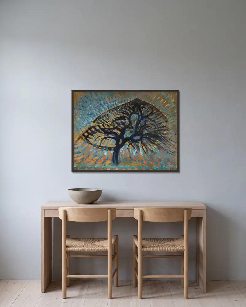 Apple Tree, Pointillist Version av Piet Mondrian inramad på en vägg