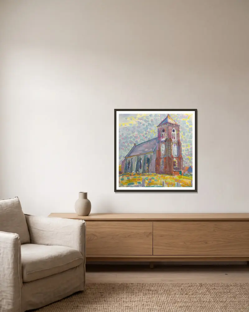 Kyrka i Zoutelande av Piet Mondrian inramad på en vägg