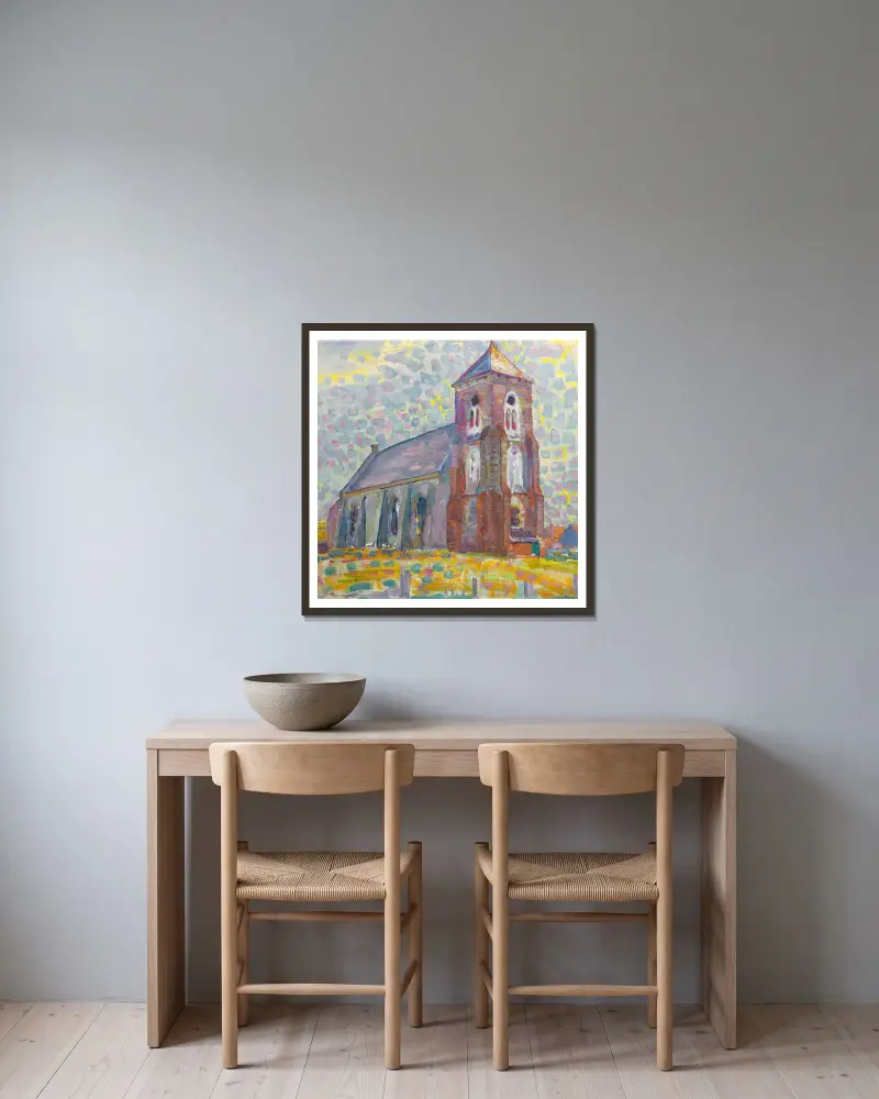 Kyrka i Zoutelande av Piet Mondrian inramad på en vägg