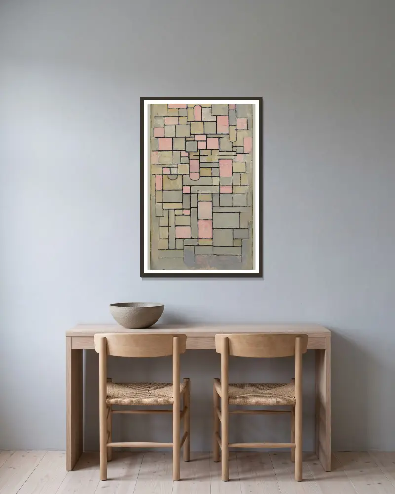 Composition 8 av Piet Mondrian inramad på en vägg
