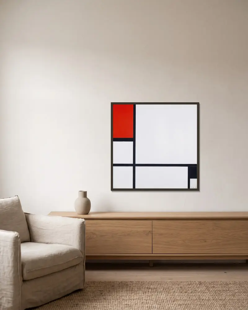 Composition No. I, with Red and Black av Piet Mondrian inramad på en vägg