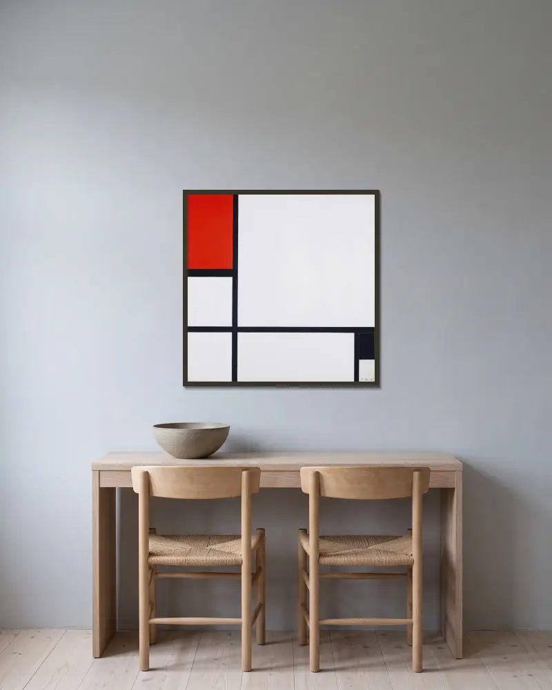 Composition No. I, with Red and Black av Piet Mondrian inramad på en vägg