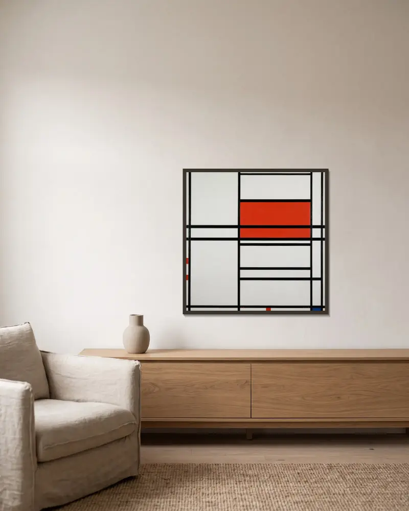 Composition of Red and White; Nom 1,Composition No. 4 with red and blue av Piet Mondrian inramad på en vägg
