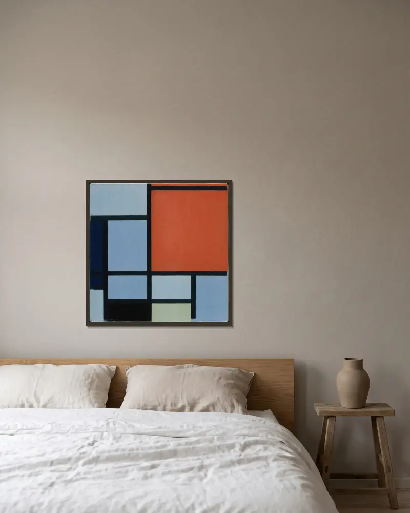 Composition av Piet Mondrian inramad på en vägg