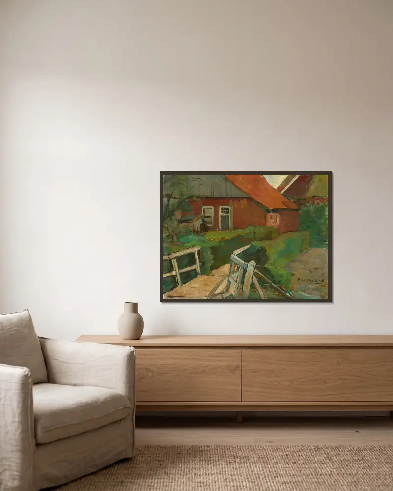 Farm Building With Bridge av Piet Mondrian inramad på en vägg