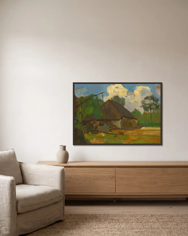 Lantbruksbyggnad med brunn i dagsljus av Piet Mondrian inramad på en vägg