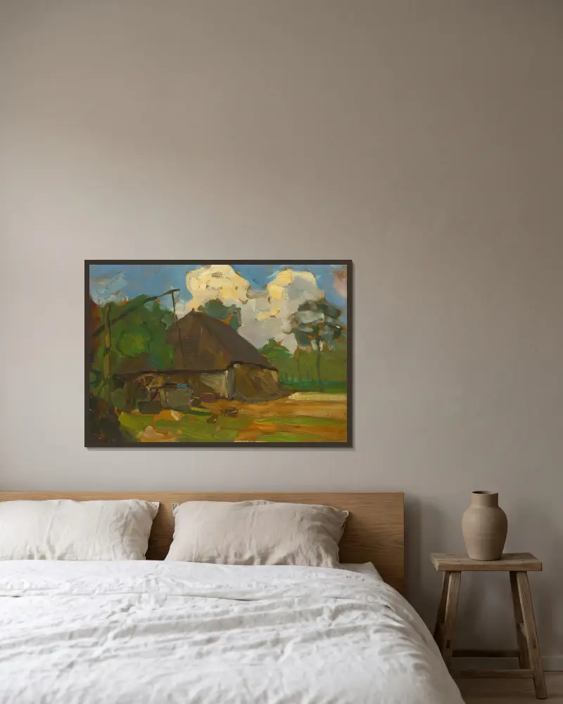 Lantbruksbyggnad med brunn i dagsljus av Piet Mondrian inramad på en vägg