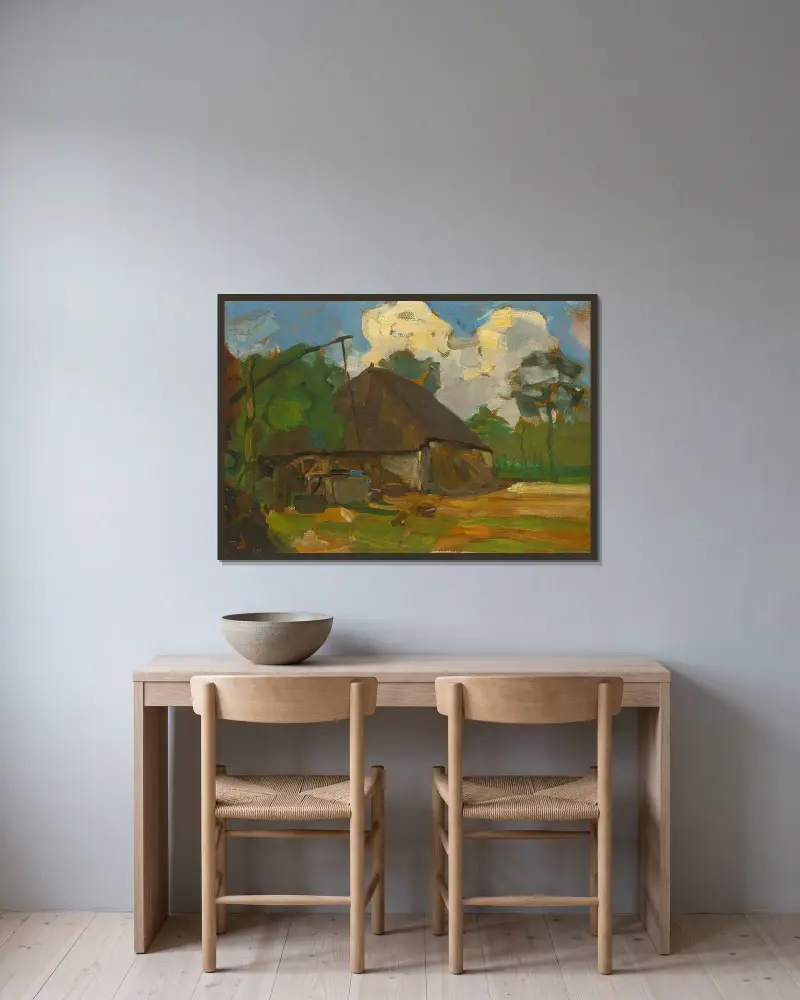Lantbruksbyggnad med brunn i dagsljus av Piet Mondrian inramad på en vägg