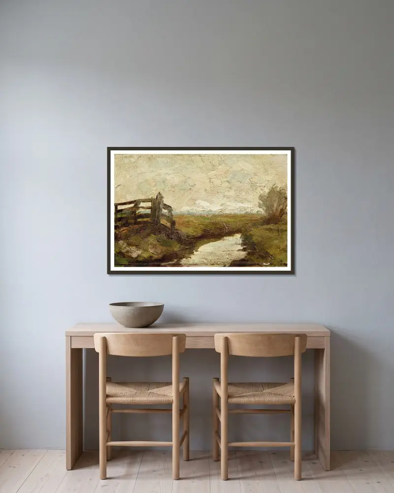 Bevattningsdike med trägrind till vänster av Piet Mondrian inramad på en vägg