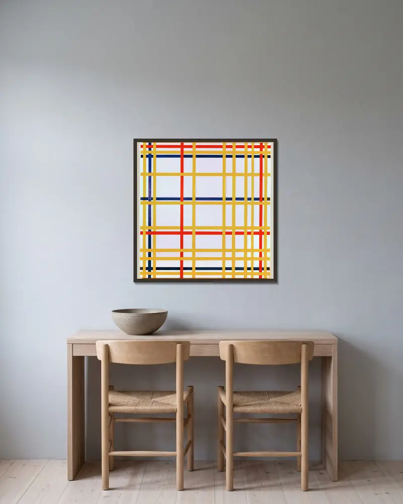 New York City I av Piet Mondrian inramad på en vägg