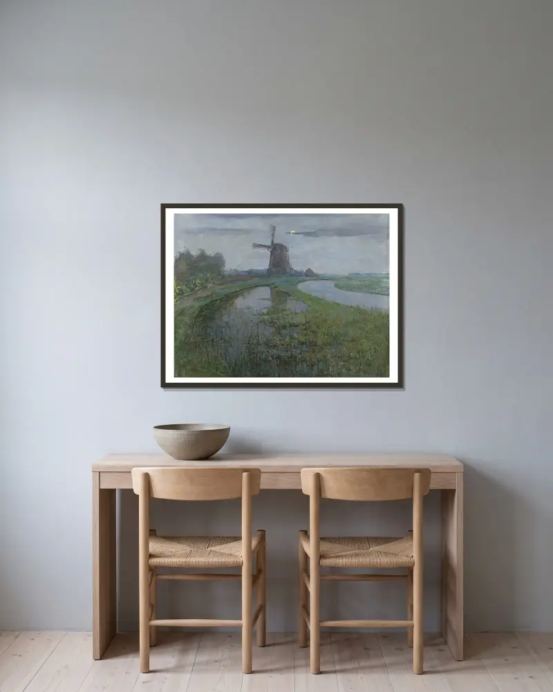Oostzijdse kvarn vid floden Gein i månsken av Piet Mondrian inramad på en vägg