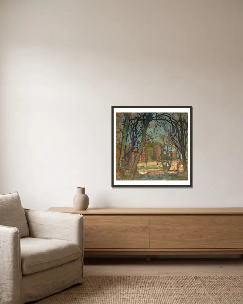 Spring Sun (Lentezon); Castle Ruin; Brederode av Piet Mondrian inramad på en vägg