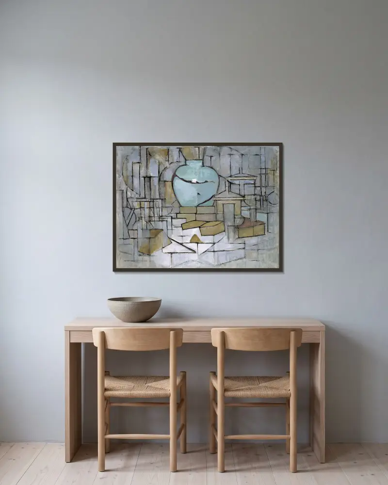 Stilleben med ingefärskruka II av Piet Mondrian inramad på en vägg