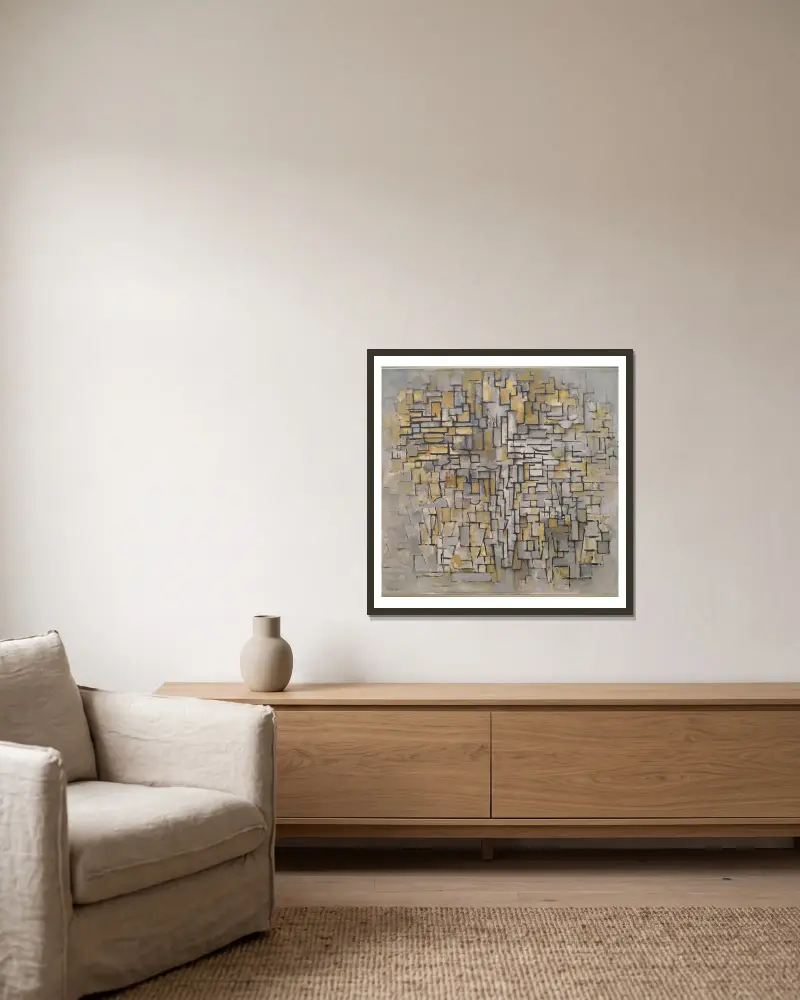 Tableau No. 2,Composition No. VII av Piet Mondrian inramad på en vägg