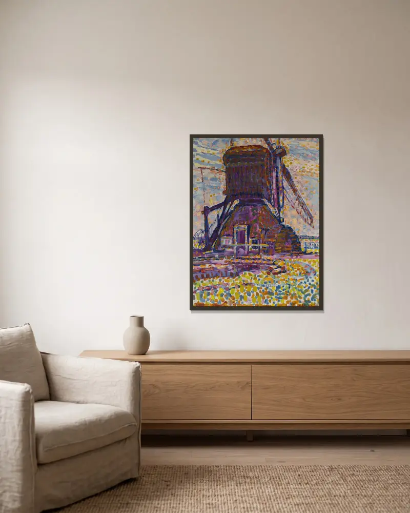 The Winkel Mill av Piet Mondrian inramad på en vägg